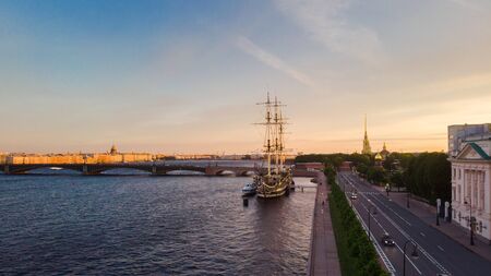 St. Petersburg, Russia view from the drone on the Central embankment of the Neva. Sailing ship at...