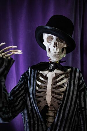 Funny human skeleton in a jacket and bowler hat. Halloween, skeleton waving cheerfullyの写真素材