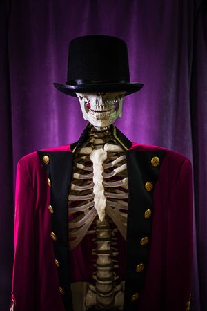 showman skeleton in red jacket and hat. Halloween party conceptの写真素材
