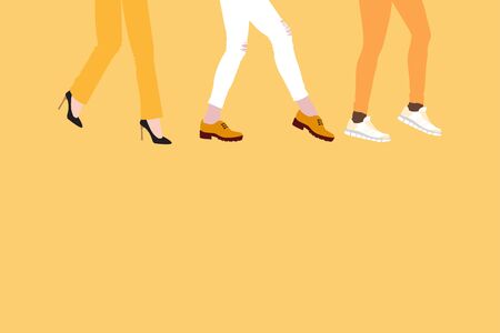 evolution of fashion in women's shoes, from high-heeled shoes to boots and comfortable sneakers, concept on yellow background. Women's feet go forward, flat style place for text.のイラスト素材
