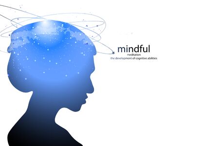 Profile of a young woman with mental activity brain and consciousness, with the cosmos as a brain. scientific concept. brain and creativity.のイラスト素材