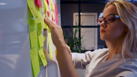 Project management and schedule planning, concept. A young woman takes notes and plans the structure of the project.の写真素材