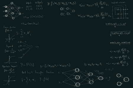 Formulas and diagrams computer science and data science, neural network diagrams and calculation formulas. on the chalk Board, hand made style. Copy space in the center, space for your design and text