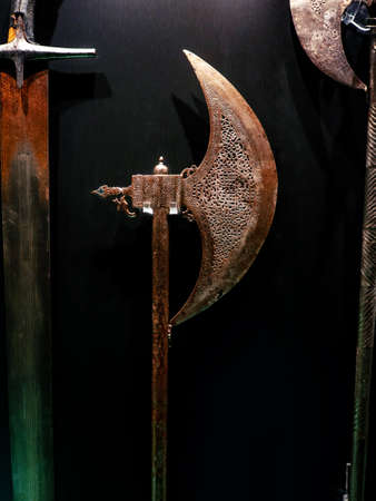 ISTANBUL, TURKEY - SEPTEMBER 21, 2019: Ancient Turkish weapons in the Museum. Axeのeditorial素材