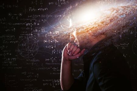 Science about nature and about man, pensive man with space in the brain and physical and...