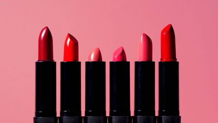 set of six multi-colored lipsticks or lip glosses. set of makeup artist, beauty and cosmetics for every dayの写真素材