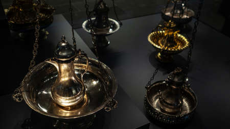 ISTANBUL, TURKEY - SEPTEMBER 21, 2019: Turkish coffee, traditional service and a Turk for making coffee, Museumのeditorial素材