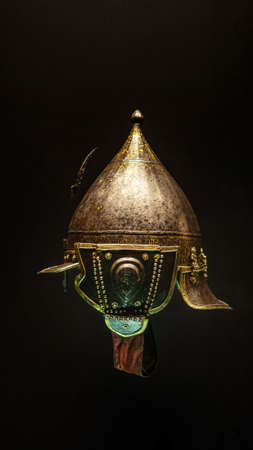 ISTANBUL, TURKEY - SEPTEMBER 21, 2019: Ancient Turkish weapons in the Museum. Helmets for combat, protectionのeditorial素材