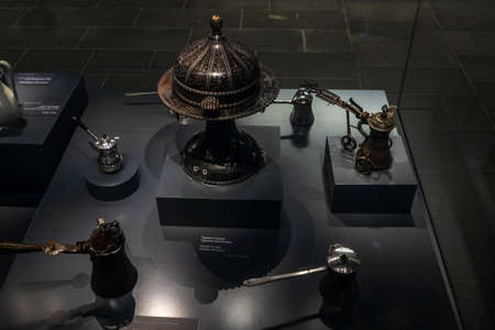 ISTANBUL, TURKEY - SEPTEMBER 21, 2019: Turkish coffee, traditional service and a Turk for making coffee, Museumのeditorial素材