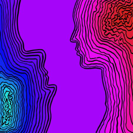 Interaction of genders. Male and female profile, the concept of communication. Male and female brain, connection of thoughts, dialogueのイラスト素材