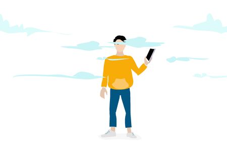 head in the clouds, user with a smartphone in hand on background of sky with clouds , cloud computing conceptのイラスト素材