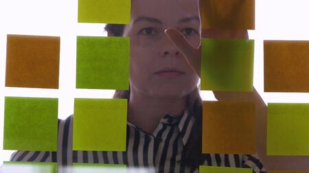 Project management and schedule planning, concept. A young woman takes notes and plans the structure...