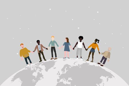Together we are strong. A multinational group of people stand together holding hands on globe. Unity...