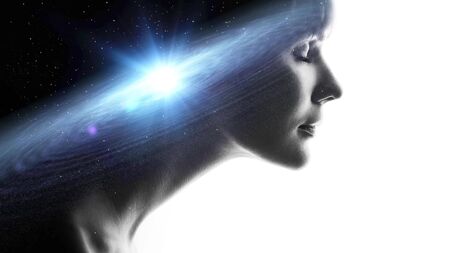 Profile of a woman with the galaxy as a brain. The scientific concept. Dreamer, creative mind concept. galaxy in head, complex human consciousness and psychology, inner spaceの写真素材