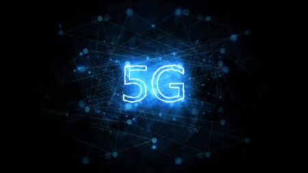 5G high-speed Internet of the new generation, concept. Neon sign in a blue glow with a network graph