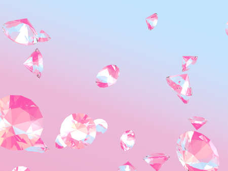 Falling diamonds on light pink background, luxury 3D render .Precious stones on a delicate pink and blue gradient, gift backgroundの写真素材
