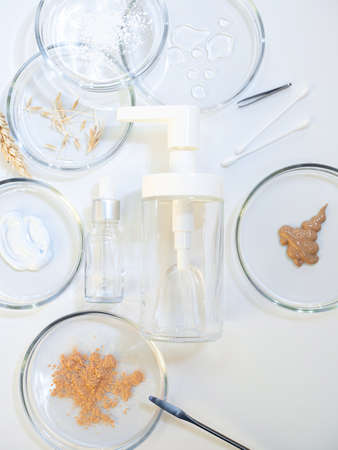 Eco-friendly cosmetics, oils and natural ingredients. Environmental concept on a white background