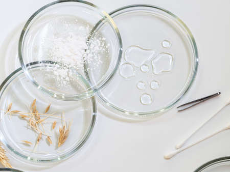Serum for skin care, eco-friendly cosmetics. Bottles and ingredients for cosmetics on a white backgroundの写真素材