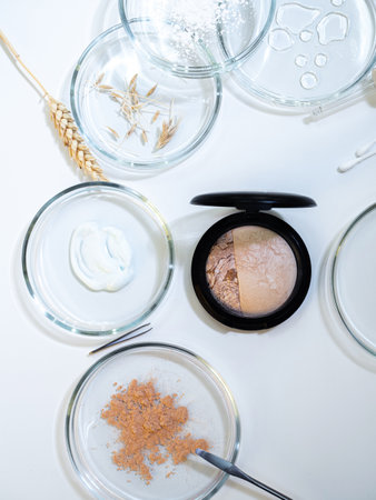 Eco-friendly and useful decorative cosmetics, concept. Powder and various ingredients in bottlesの写真素材