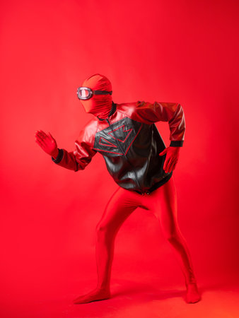 funny super hero in a red leotard and protective glasses rushes to the rescue.の写真素材