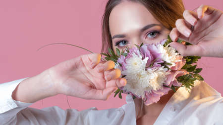 Fashionable concept face mask, fresh and lively, floral fragrance.の写真素材