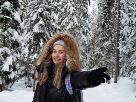 Winter walk through the forest, snow-covered beautiful pine forest.