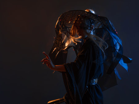 stylized samurai in a fantasy style, a young woman in a silk haori,の写真素材