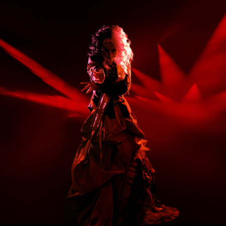 The star of the show, a fashionable heroine on the catwalk in the light of redの写真素材