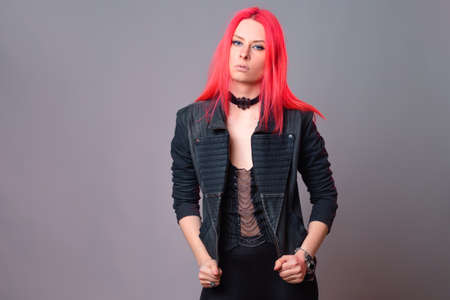 Kitsch style, fashion of the future. mixing styles. A young womanの写真素材