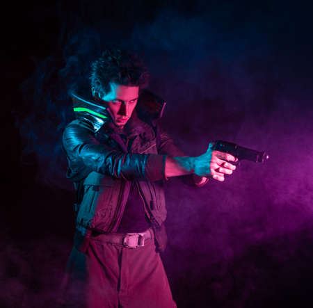 A guy in a cyberpunk image, aiming a gun at someone. a futuristic character. A young man in neon...