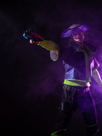 Cyborg killer in an Asian hat, a futuristic character with a gun in his hands. Cyber style, purple...