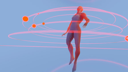 Surreal translucent human body levitating in infinite space with reflections, meditating and...