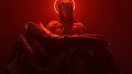 Mourning for Christ, Michelangelos Vatican Pieta sculpture with a neon halo, postmodernism, modern style of classical art. 3d visualizationの写真素材