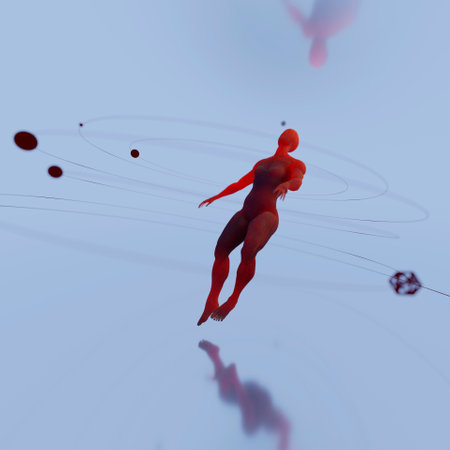 Surreal translucent human body levitating in infinite space with reflections, meditating and...