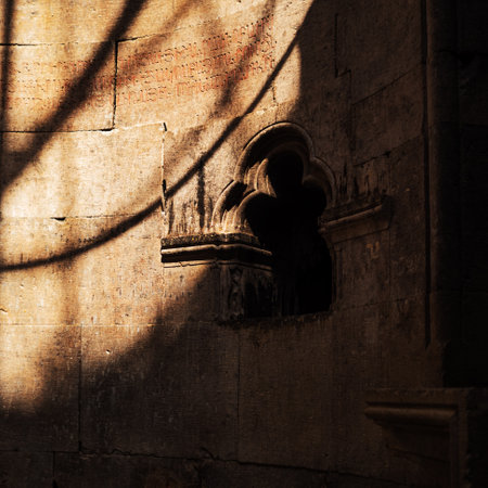 the interior of an ancient cell, stone texture and stone carving, an Armenian monastery.の写真素材