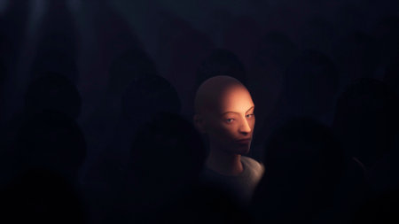 A unique person in a crowd, a character with a bright personality in a crowd of the same, a concept. 3D visualization, rendering. Highlighted faceの写真素材