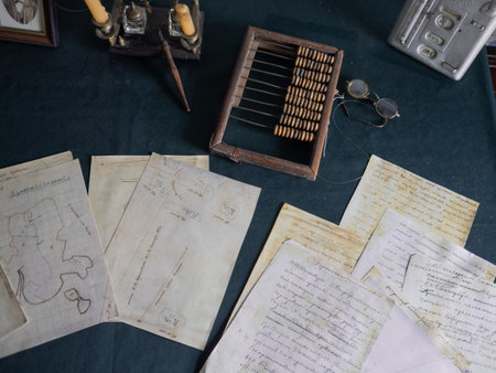 An old vintage workplace, a desk with documents and work supplies. Historical Museum. Kizhi Island, Karelia, northern Russia.の写真素材