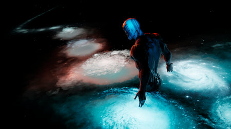 The divine demiurge walks among the emerging galaxies, the muscular figure of a deity, the moment of creation of worlds, 3d renderingの写真素材