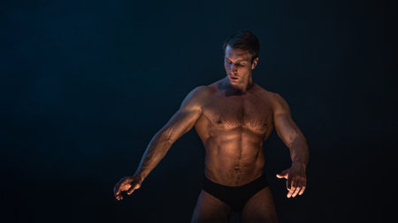 A muscular athlete in an epic pose, fog and smoke on the background, warm mystical light from below,...