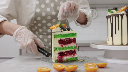 cook a cake in the kitchen, decorate with berries. Young female pastry chef cooking a beautiful high...