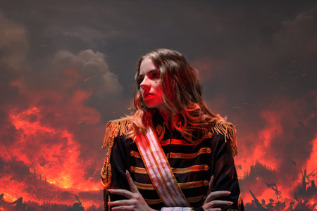 A glamorous blonde in a carnival uniform with epaulettes, against the background of fire and battle,...