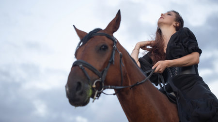 A beautiful young horsewoman in a black dress and with her hair down, riding a horse, portrait against the background of the evening sky, horseback riding in the open airの写真素材