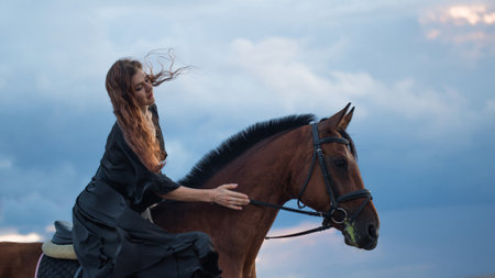 A beautiful young horsewoman in a black dress and with her hair down, riding a horse, portrait against the background of the evening sky, horseback riding in the open airの写真素材