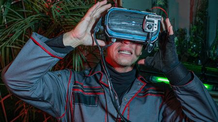 Cybernetization and isolation. A man in a wheelchair with a virtual reality helmet on his head, high...