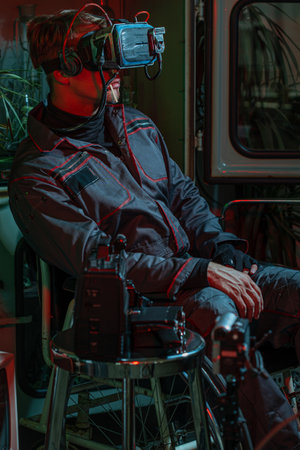 A man in overalls with a cyber helmet on his head, sitting in a wheelchair among old things, high...