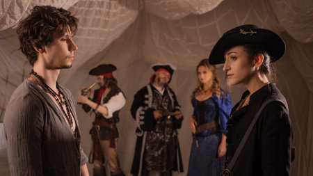 Pirate crew, pirate sailors, a group of different characters, pirate carnival costumesの写真素材