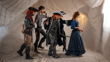 Pirate crew, pirate sailors, a group of different characters, pirate carnival costumes