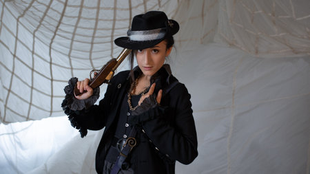 A pirate lady in a hat with a vintage pistol in her hands, a beautiful young brunette in a pirate...