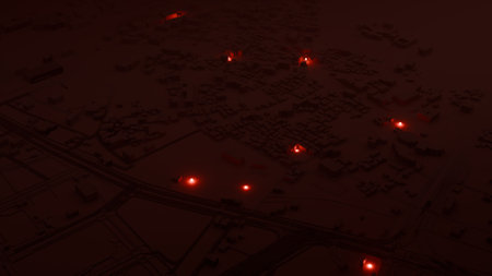 Hot spots on a schematic map of a city, or the location of people, 3d concept diagram