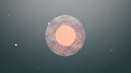 A living cell with a pulsating nucleus, a biological concept. The emergence of a new life, reproduction by sporesの写真素材